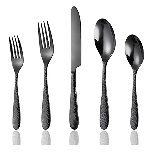 Hammered-Heavy-Luxury-Black-Stainless-Steel-Farmhouse-Silverware-Set-for-4-18-10-Black-Stainless-Steel-Flatware-Set-Dishwasher-Safe-Mirror-Polish Hammered Heavy Luxury Black Stainless Steel Farmhouse Silverware Set for 4 18 10 Black Stainless Steel Flatware Set Dishwasher Safe Mirror Polish