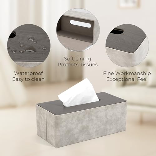 LARENNT PU-Leder Taschentuchbox, 24×12×9cm quadratische Kosmetiktücher Box, Taschentücher Box Spender TissueBox Tücherbox für Zuhause, Bad, Wohnzimmer, Schlafzimmer, Auto, Büro (Grau & Holzmaserung)