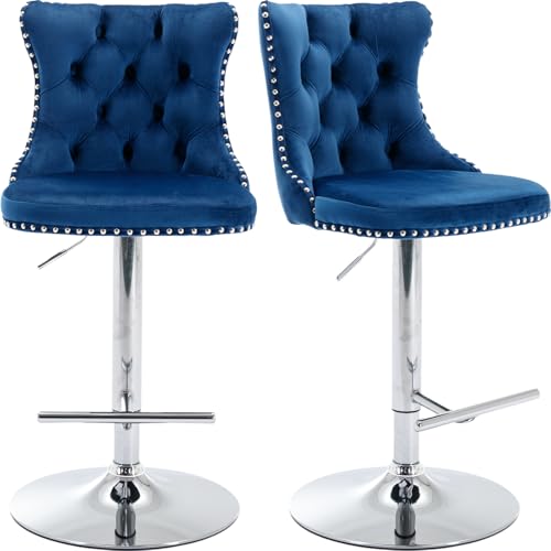 ZenNook Swivel Counter Height Bar Stools Set of 2 Navy Kitchen Island Barstools Velvet Adjustable Bar Height Stool Chairs Tufted Back Silver Chrome Metal Base (Blue Velvet 2 Pcs)