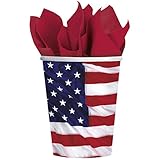 Contenido: ocho vasos de papel de temática americana 266 ml; 13,4 x 8 x 7,6 cm
