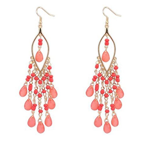 Vanvler Women Hot Charm Bohemian Colorful Beads Ear Drops Dangle Tassels Earrings (Pink)