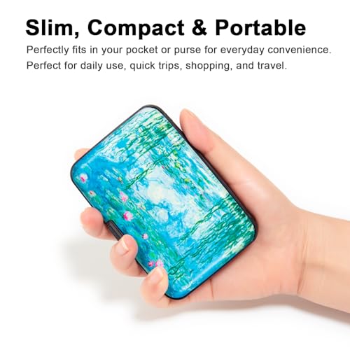 Image of Credit Card Holder Small RFID Blocking Wallet Business Metal Slim Mini Aluminum Hard Case for Women Men Gift, Water Lilies, small, Minimalist, Compact, American