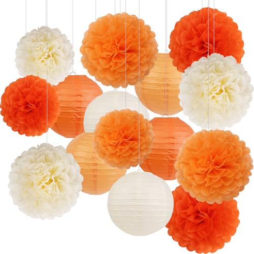 Orange Birthday Party Decorations Paper Lanterns and Pom Poms 15pcs Set for Baby Shower Wedding Bachelorette Valentine’s Day Graduation, Hanging Ceiling and Room Decor