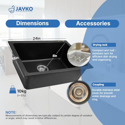 Image of JAYKO Quartz Acrylic Kitchen Sink for Modular Kitchen | Granite Finish, Scratch & Heat Resistant | Easy to Clean & Stylish Sink for Home (SI, 24x18in)