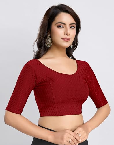 Image of TRENDMALLS Women's Dobby Pure Cotton Elastin Stretchable Readymade Round Neck Elbow Length Sleeves Blouse Choli Stylish Saree Blouse Ready to Wear