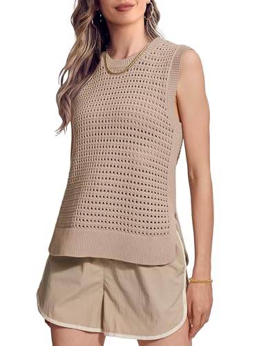 Image of SuperPrity Women's Sweater Vest Sleeveless Crochet Sheer Knit Sweater Tank Casual See Through Crewneck Sweater