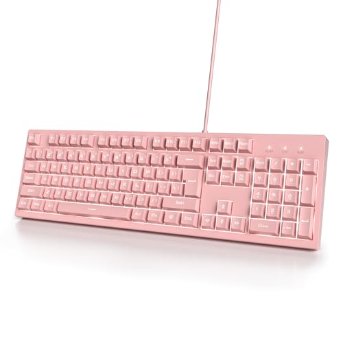 Image of Pink Gaming Keyboard 104 Keys Silent Creamy Keyboard Light up Wired Keyboard Double Shot Keycaps LED Backlit Membrane Keyboard for PC Laptop(104 Pink)