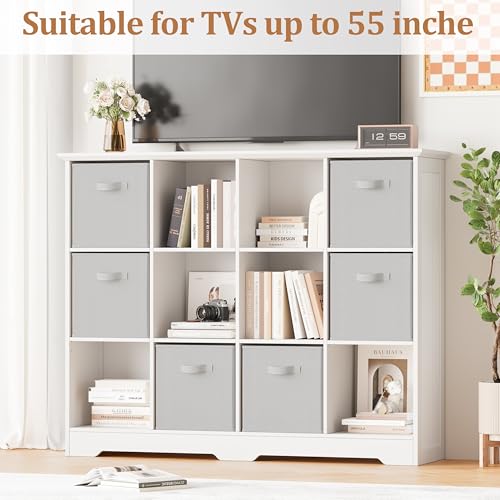 Image of 12 Cube Storage Organizer Shelf, Wood Cubby Storage with 6 Fabric Drawers, 3 Tier Wooden Bookshelf with 2 Adjustable Shelves & Fluted Side Panels for Bedroom, Living Room, Home Office, Whtie