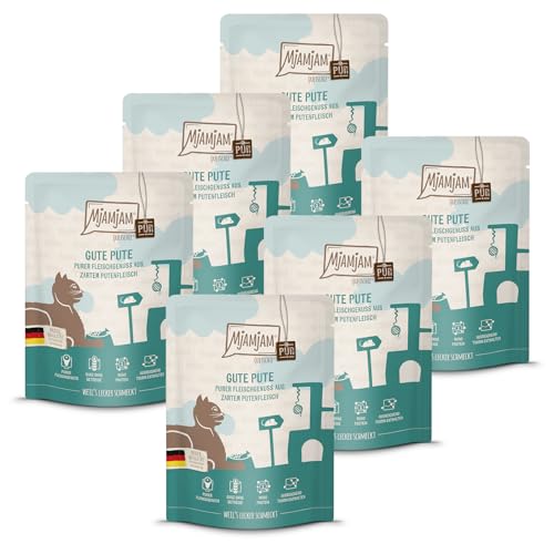 MjAMjAM - Premium Nassfutter für Katzen - Quetschie - purer Fleischgenuss - gute Pute pur, 6er Pack (6 x 300 g), getreidefrei mit extra viel Fleisch