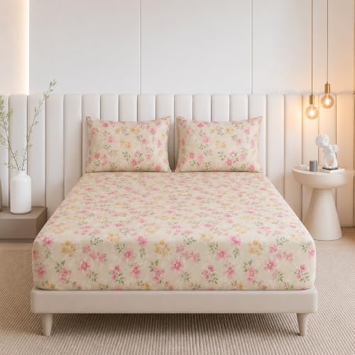 Image of 400TC Cotton Feel Glace Cotton Double Bed Fitted Bedsheet Set || Includes 1 Elastic Bedsheet King Size Cotton & 2 Pillow Covers (78 x 72 Inches, Rosabelle)