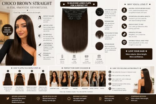 Image of Salon-Grade Clip-in Hair Extensions for Women, Imported Synthetic Hair, 6 PCS with 13 Secure Clips, Instant Volume, Natural Blend, Reusable Hair Volumizer (Choco Brown, Straight)