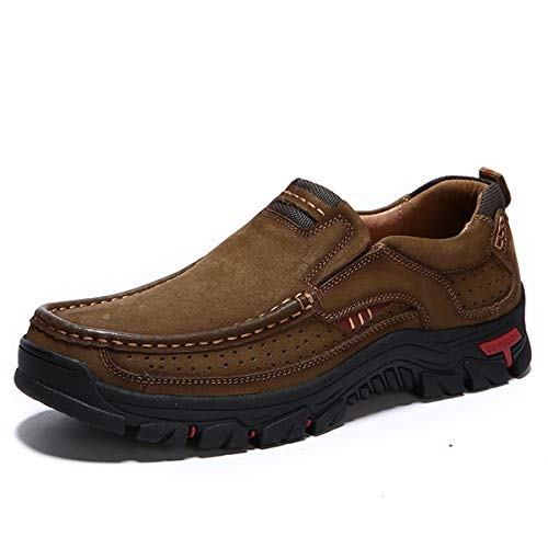 CHICLOVEY Men's Slip-on Hiking Shoes Leather Casual Outdoor Walking Sneaker Khaki