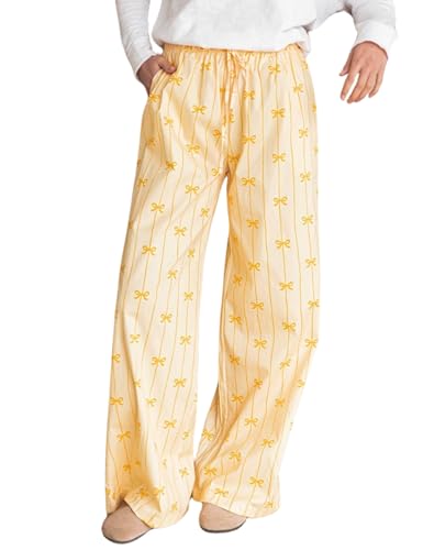 InterNos Women's Vertical Lounge Pants Bow Print Elastic Waist Trousers Striped Palazzo Long Pants with Pockets