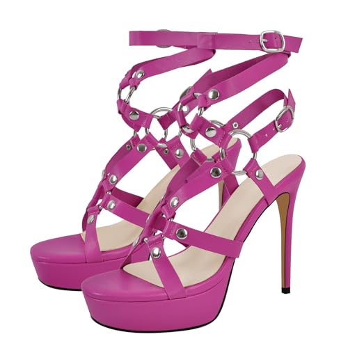 Image of VERISSON Women's Grommets Stiletto Sandals Platform Open-back High Heels Cross Bands Open Toe Buckle-up Ankle Sandals Party Dressing