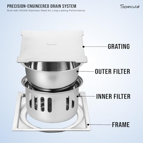 Image of Silver Exclusive Quartz Floor Drainer | 304-Grade Stainless Steel | 5x5 inch Anti-Rust & Anti-Crack Floor Drain with Brushed Finish | Stain Resistant Silver Bathroom /Kitchen Drain Cover