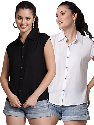 Image of FUNDAY FASHION Women's Rayon Blend Regular Fit Solid Casual Sleevesless Shirt (Pack of 2)