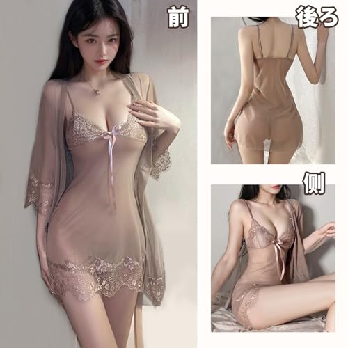 [QINGCHENGNIΛO] ネグリジェ レディース セット セクシーランジェリー ハーフスリップ 下着 透け 可愛い 人気 シースルー レース パジャマ ガウン付き キャミソール Vネック サスペンダー ネグリジェ Tバック かわいい 過激 誘惑 コーヒーピンク 誘惑 - 画像2