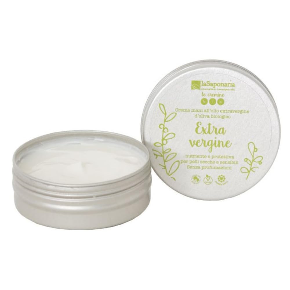 La Saponaria | Crema mani extravergine, Nutriente e senza profumazioni, Ricca di aloe utile per lenire il rossore e le irritazioni, Olio extravergine d'oliva, Burro di karité e olio di argan, 60ml