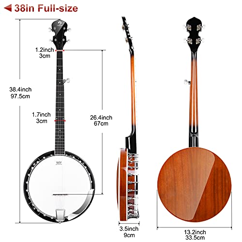 Image of Vangoa LEFT-HANDED Banjo 5 String Mahogany Open Back Banjo with Resonator, Remo Drum Head, Geared 5th String Beginner Kit with Manual, Full Size