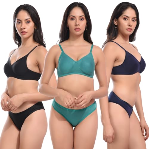 Image of REALSIDE Women Cotton Bra Panty Set for Lingerie Set|Bra Panty Set | Panty Bra Set for Women Women Lingerie Set A Beautiful Combo Pack of 3-Black,Green,Pink
