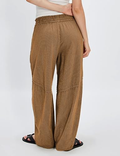 Ziqoty Women's Striped Barrel Pants Drawstring Waist Wide Leg Trousers with Pockets Casual Comfort for Office Lounge Travel(Brown-S) — view 2