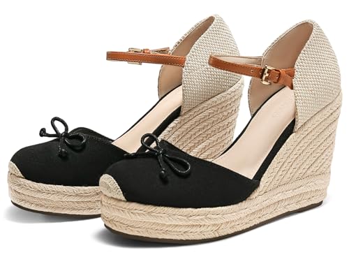 Coutgo Womens Platform Espadrilles Wedge Sandals Closed Cap Toe Bow Tie Ankle Buckle Strap Summer Dress Shoes