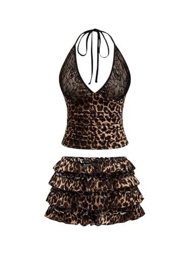 SweatyRocks Women's Y2K Skirts Sets 2 Piece Outfit Cheetah Lace Halter...