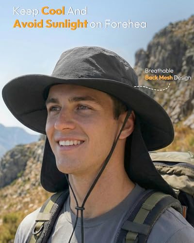Image of Sun Hats for Men Wide Brim Bucket Hat with Neck Flap for Fishing & Hiking Mens Sun Hat for UV Protection