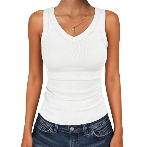 ANRABESS Tank Tops for Women V Neck Ribbed Knit Slim Fitted Sleeveless Basic Tee Tanks Cas...