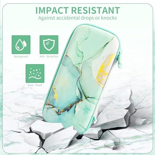 FUNDIARY Carrying Case for Nintendo Switch OLED, Shockproof Hard Shell Portable Travel Bag for Accessories Kit with PC Protective Cover, Screen Protector, Shoulder Strap & 2 Thumb Grips, Green Marble
