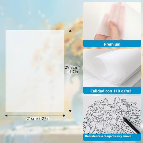 Miniatura 2 de Kievano Papel Vegetal A4 110g M 100 Hojas Papel De Calco Transparente E Imprimible Para Dibujos, Costura, Scrapbooking Y Manualidades