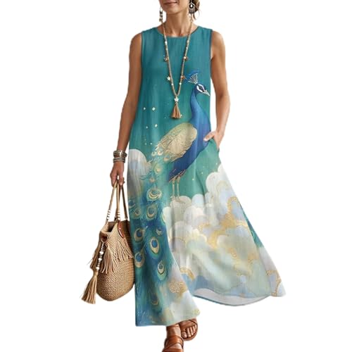 Oamsistay Peacock Print Womens Linen Dresses Sleeveless Casual Beach Holiday Maxi Dress with Pockets for Summer Loose Sleeveless Sun Dress Vacation Clothes for Women