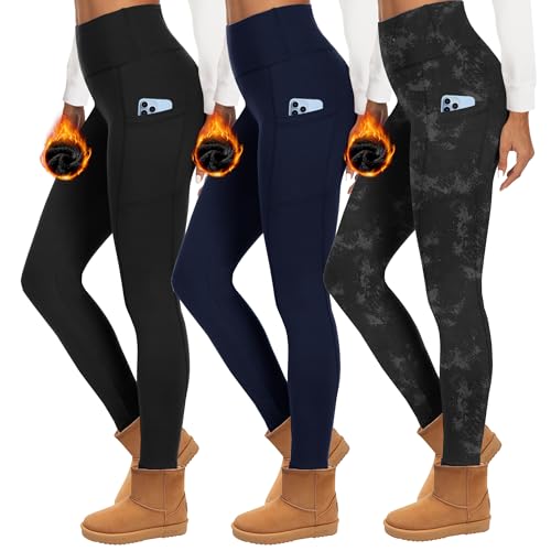 HIPOWER 3er Pack Thermoleggings Damen Mit Taschen Leggings Gefüttert Winter High Waist Fleece Warme Leggins Blickdicht Schwarz Sport Thermounterwäsche Laufhose(A-Schwarz+Navy+Schwarz...