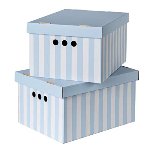 SOFTILLO Pack of 2 Decorative Storage Box With Lid - Home Office Bedroom Wardrobe Organiser Multi-Use Archive Storage - Large Light Blue Stripes