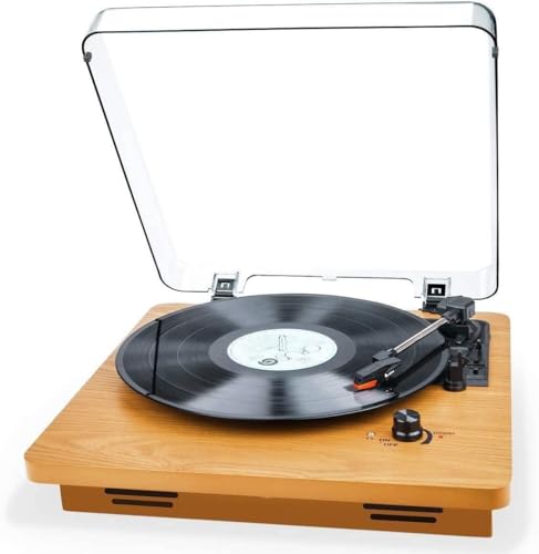 Record Player, VOKSUN Vintage Vinyl Turntable, LP Record Player, Belt Drive 3 Speed 33/45/78 RPM, with Built-in 2 Stereo Speakers, Aux-in & RCA Output & 3.5mm Headphone Jack, Natural Wood