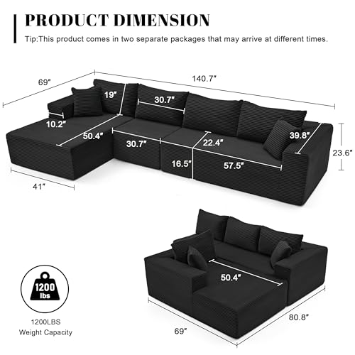 Image of Mangodan 140 inch Cloud Sectional Couch, Modular Sectional Sofa with Deep Seat, Boneless Sofa for Living Room, Fluffy Comfy L-Shaped Couch with Left Facing Chaise, No Assembly Required, Black