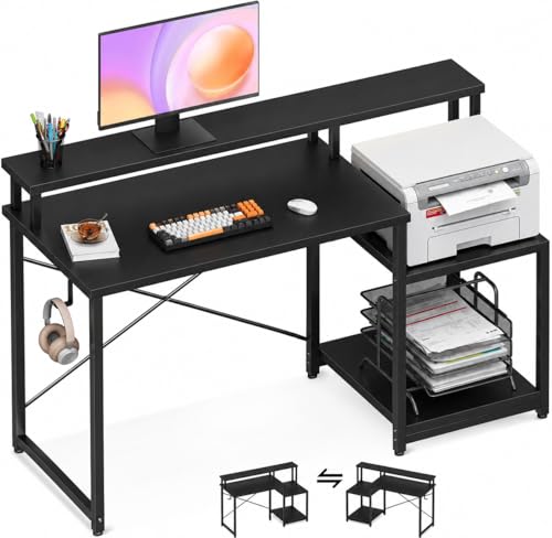 Image of Gaming Desk with Monitor Stand & Storage Shelves | Study & Computer Desk with Headphone Hook | Reversible Office for PC Setup | Black | 120x60x87 cm
