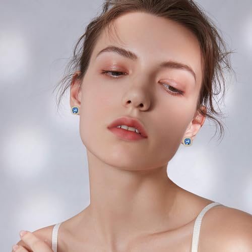 EVEVIC Austrian Crystal Halo Square Stud Earrings for Women 14K Gold Plated Birthstone Earring Hypoallergenic Jewelry Gifts2