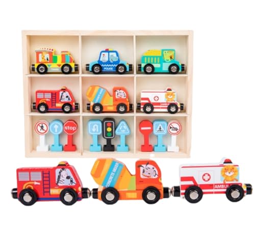 Apaeofl子供用木製車、救急車、消防警察車両、トラックトーマス、磁気道路標識モデルおもちゃセット、木製パズルボックス、モールドブロック、子供用モンテッソーリおもちゃ、知育玩具、誕生日プレゼント、お祝い (磁気道路標識列車)