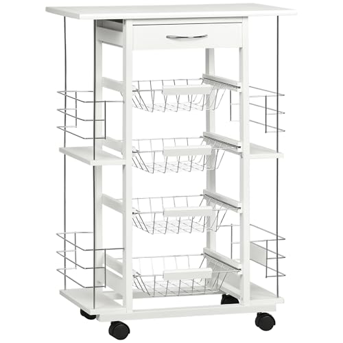 HOMCOM Carrello da Cucina con Cassetto, 4 Cesti di Frutta Estraibili e Piano in Ceramica, Carrello Cucina Salvaspazio con 4 Ripiani Laterali in Legno di Pino e Metallo, 57x37x83 cm, Bianco