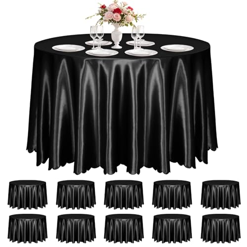 KKJIAF 10 Pack Black Satin Round Tablecloth 108 Inch, Silky Satin Round Table Cover, Overlay Dining Table Cloths for Wedding Buffet Parties Banquet Decoration