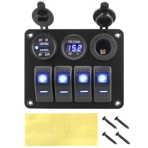 Panneau Interrupteur LED 4 Gang Double USB Allume Cigare Disjoncteur Voltmètre 12V Camion