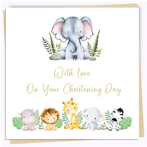 Printperfect - Cute Animal Christening Card For Boys & Girls - Unisex Animal Safari Christening Card - Godson/Goddaughter - Grandson/Grandaughter - Niece/Nephew - NAMING DAY CHRISTENING CARD