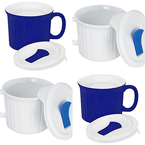 CorningWare Pop in mug, 4 mugs with vented plastic covers (Bake, Microwave) 20 oz/591ml (White/Blue)