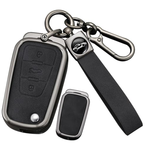 SANRILY Metal Leather 3 Button Flip Key Fob Cover Fit for MG MG3 MG5 MG6 MG7 HS EV MG ZS GT GS Roewe RX5 350 360 750 W5 2017-2021 Accessories Keyless Key Holder with Keychain Black