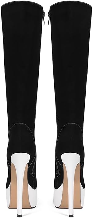 Feinlina Women's Fashion Canvas Knee High Stiletto Boots Round Toe Lace-up Platform Heels Club Party Booties - Image 7