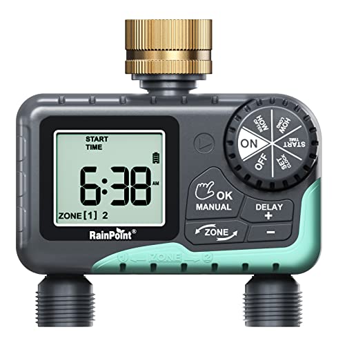 Rainpoint Water Timer For Garden Hose - Sprinkler Timer With Brass Swivel - Rain Delay/Manual Watering/Automatic Irrigation Controller System Hose Timer Programmable Faucet Timer For Yard, 2 Outlet #TOP18
