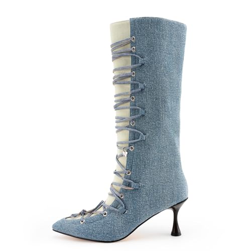 Image of KaroNairy Women Mid Calf Denim Boots Pointed Toe Lace Up Cowboy Boots High Heel Cowgirl Stiletto Thigh Boots blue