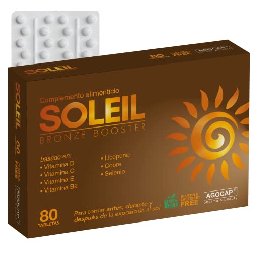 Soleil suplemento de acelerador bronceado. 80 tabletas betacaroteno, Cobre, Selenio, Licopeno, Vitamina C. Acelerador de bronceado, pastillas proteccion solar, mantiene la piel dorada. Bronceador