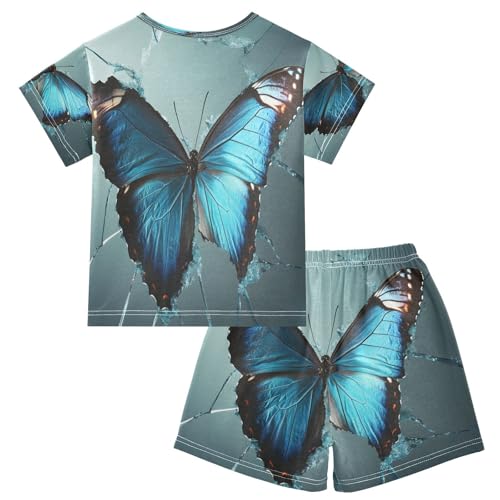 ALAZA Blue Butterfly 3d Pajamas Set Short Sleeve Cotton Sleepwear Summer Pjs 2 Piece 5-14Y2